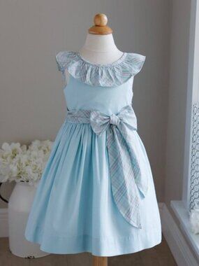 Aqua Blue Dress With Plaid Ruffle Collar Plaid Sash Bailey Boys Boutique NWT